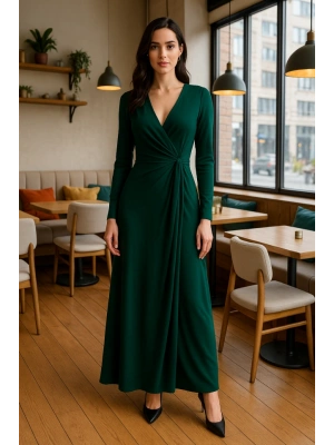 Kadın Kruvaze Yaka Toka Detay Maxi Boy Elbise