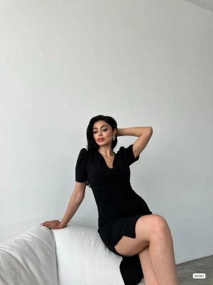 Kadın Kruvaze Yaka Yandan Yırtmaç Detaylı cuba Krep Kumaş Midi Boy Elbise