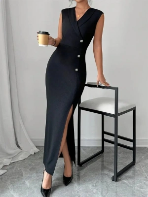 Kadın Kruvaze Yakalı Yandan Düğmeli Yırtmaç Detaylı Uzun Ithal Krep Elbise