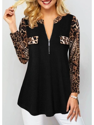 Kadın Leopar Desen Fermuar Detay Viskon Kumaş Bluz