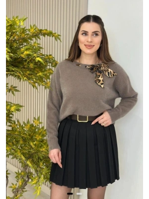 Kadın Leopar Desen Flar Detay Bisiklet Yaka Triko Kazak