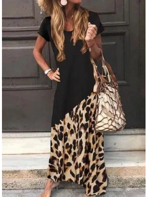 Kadın Leopar Garnili, Turlu Viskon Elbise