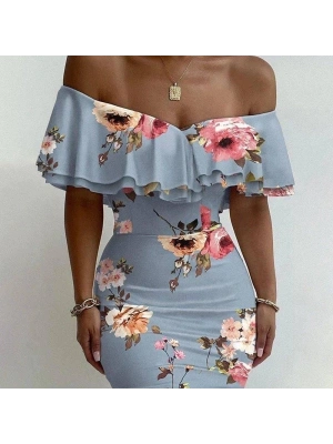 Kadın Madonna Yaka çiçek Baskılı Volan Detay Kalem Elbise