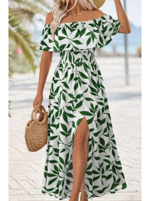 Kadın Madonna Yaka Göğüs Lastikli Yırtmaçlı Uzun Desenli Süprem Elbise