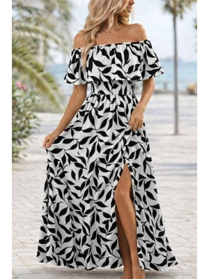 Kadın Madonna Yaka Göğüs Lastikli Yırtmaçlı Uzun Desenli Süprem Elbise