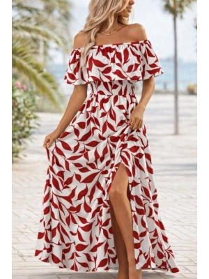 Kadın Madonna Yaka Göğüs Lastikli Yırtmaçlı Uzun Desenli Süprem Elbise