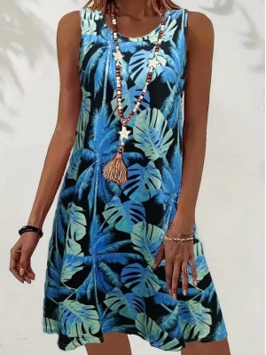 Kadın Mavi Yaprak Baskılı Askılı Süprem Elbise
