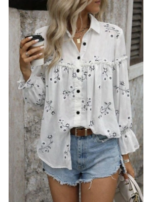 Kadın Nakış Işlemeli Kolu Volanlı Gömlek