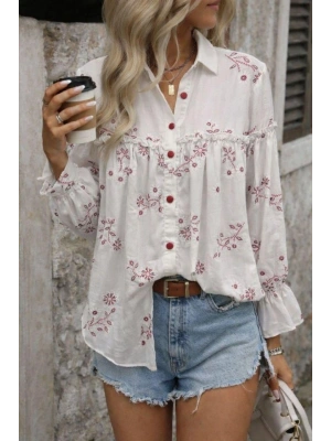 Kadın Nakış Işlemeli Kolu Volanlı Gömlek