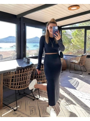 Kadın Soft Kaşkorse Kumaş Bluz Ve Yırtmaç Detaylı Etek Ikili Takım