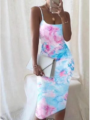 Kadın Omuz Askılı Dijital Baskılı Midi Boy Elbise