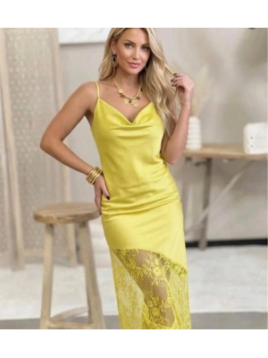 Kadın Omuz Askılı Fantel Güpür Transparan Detay Saten Elbise