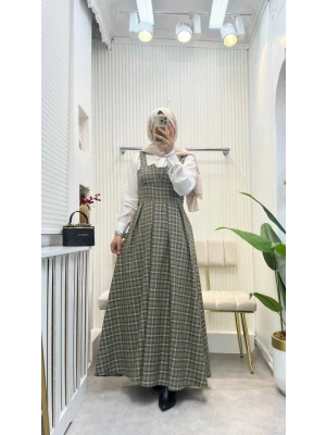 Kadın Omuz Askılı Full Ekose Detay Elbise