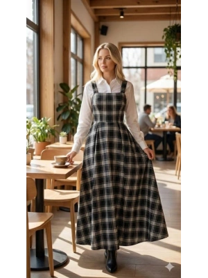 Kadın Omuz Askılı Full Ekose Detay Elbise