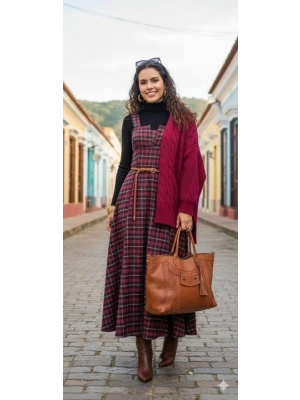 Kadın Omuz Askılı Full Ekose Detay Elbise