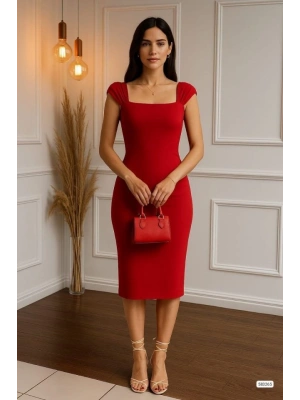 Kadın Omuz Askılı Kare Yaka Detay Midi Boy Kalem Elbise