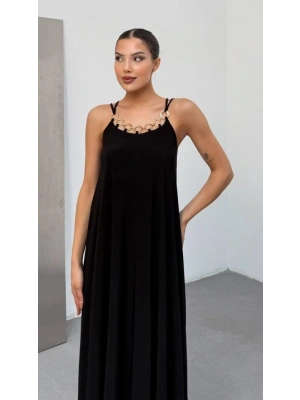 Kadın Omuz Askılı Kuş Gözü Zincir Detay andy Kumaş Maxi Boy Elbise