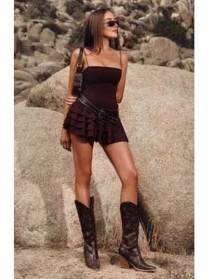 Kadın Omuz Askılı Sırt Dekolteli Sandy Kumaş Volan Detay Mini Elbise