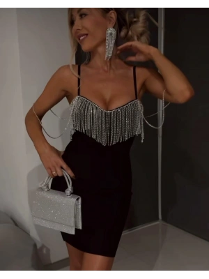 Kadın Omuz Askılı Taş Detay Mini Elbise