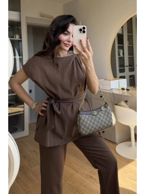Kadın Omuz Detay Kuşak Dahil Bluz Ve Pantolon Keten Kumaş Ikili Takım