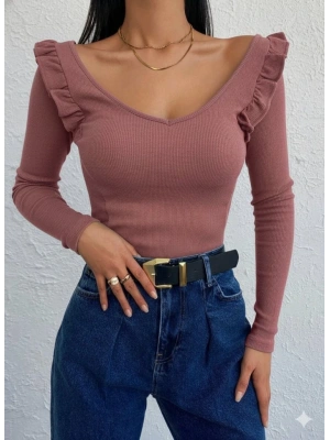 Kadın Omuz Fırfır Detay Uzun Kollu Bluz