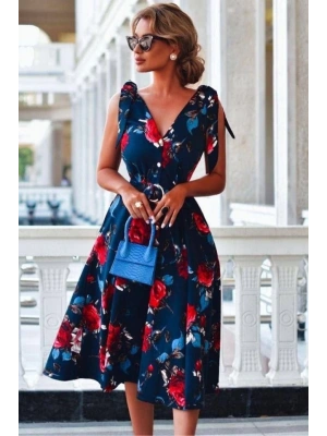 Kadın Omuz Kurdale Detay çiçek Baskılı Midi Elbise