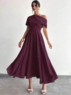 Kadın Omuzdan Açık Kısa Kollu Omuzdan Pileli Uzun Janjan Krep Elbise