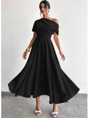 Kadın Omuzdan Açık Kısa Kollu Omuzdan Pileli Uzun Janjan Krep Elbise