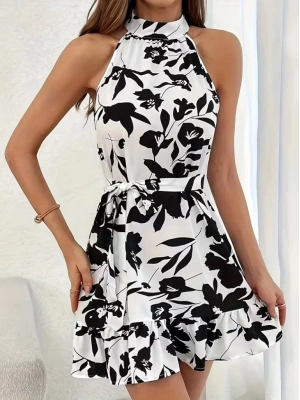 Kadın Omuzlardan Açık Balıkçı Yakalı Kuşaklı Desenli Kısa Süprem Elbise