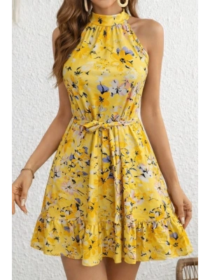 Kadın Omuzlardan Açık Balıkçı Yakalı Kuşaklı Desenli Kısa Süprem Elbise