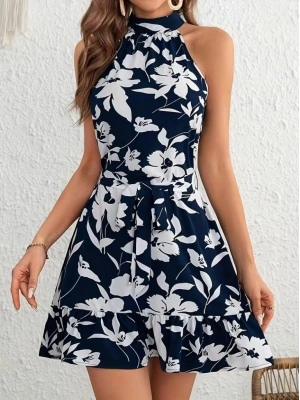 Kadın Omuzlardan Açık Balıkçı Yakalı Kuşaklı Desenli Kısa Süprem Elbise