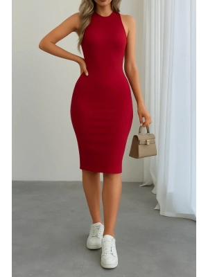 Kadın Omuzlardan Açık Bisiklet Yaka Janjan Krep Elbise