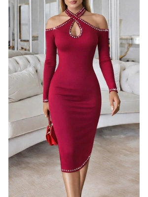 Kadın Omuzlardan Açık Boyundan Geçmeli Damla Detaylı Taşlı Midi Dalgıç Elbise