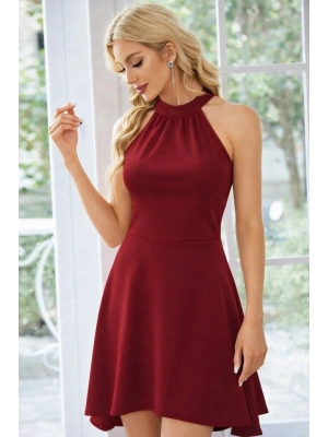 Kadın Omuzlardan Açık Boyundan Halka Detaylı Görünümlü Asimetrik Detaylı Kısa Ithal Krep Elbise