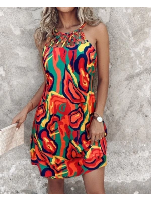 Kadın Omuzlardan Açık çapraz şerit Detaylı Desenli Süprem Elbise