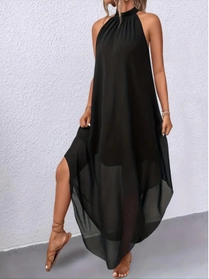 Kadın Omuzlardan Açık Daire Yakalı Astarlı şifon Elbise