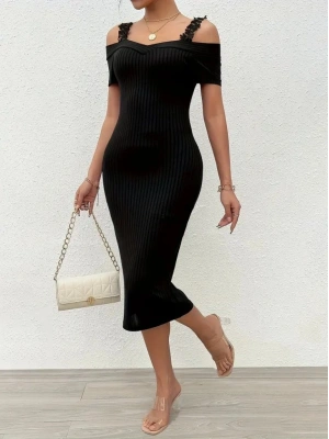 Kadın Omuzlardan Açık Dantel Askılı Fitilli Kaşkorse Midi Elbise