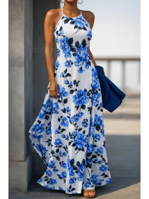 Kadın Omuzlardan Açık Ip Askılı Desenli Uzun Süprem Elbise