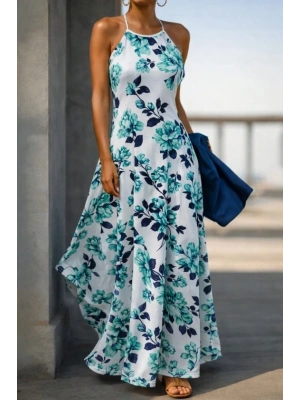 Kadın Omuzlardan Açık Ip Askılı Desenli Uzun Süprem Elbise