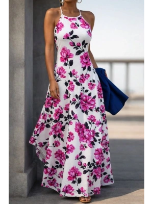 Kadın Omuzlardan Açık Ip Askılı Desenli Uzun Süprem Elbise