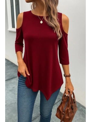 Kadın Omuzlardan Açık Sıfır Yaka Asimetrik Kesim Detay Viskon Bluz