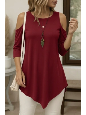 Kadın Omuzlardan Açık Sıfır Yaka Asimetrik Kesim Detay Viskon Bluz