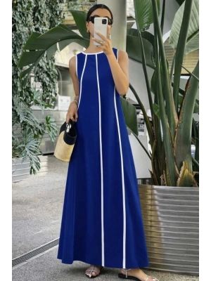 Kadın Omuzlardan Açık Yaka Ince şerit Detaylı Uzun Viskon Elbise