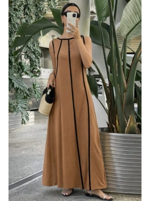 Kadın Omuzlardan Açık Yaka Ince şerit Detaylı Uzun Viskon Elbise