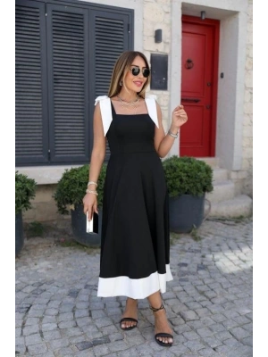 Kadın Omuzlardan Kurdela Askılı çift Renkli Kiloş Ithal Krep Elbise