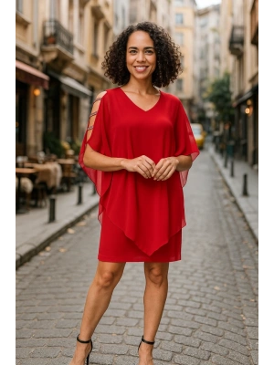 Kadın Omzu Açık V Yaka Şifonlu andy Kumaş Fırsat Ürün Diz Üstü Elbise