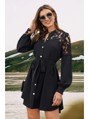 Kadın Omzu Flok Baskılı Çıtçıtlı Dokuma Viskon Kumaş Gömlek Elbise