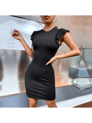 Kadın Omzu Volanlı Bisiklet Yaka Kaşkorse Mini Elbise