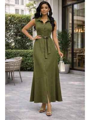Kadın önden Düğmeli Beli Kuşaklı Maxi Boy Aerobin Kumaş Gömlek Elbise