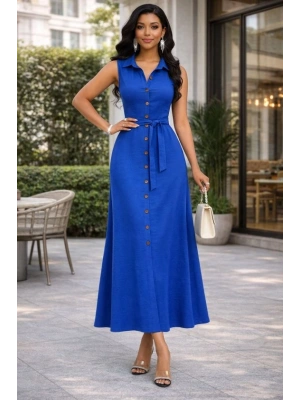 Kadın önden Düğmeli Beli Kuşaklı axi Boy Aerobin Kumaş Gömlek Elbise